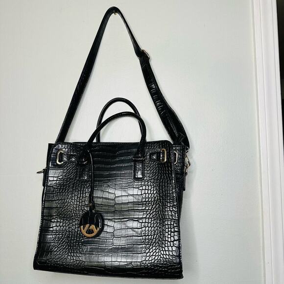 Unbranded Black Crocodile Patterned Genuine Leather Shoulder Straps Tote Bag - Picture 1 of 11